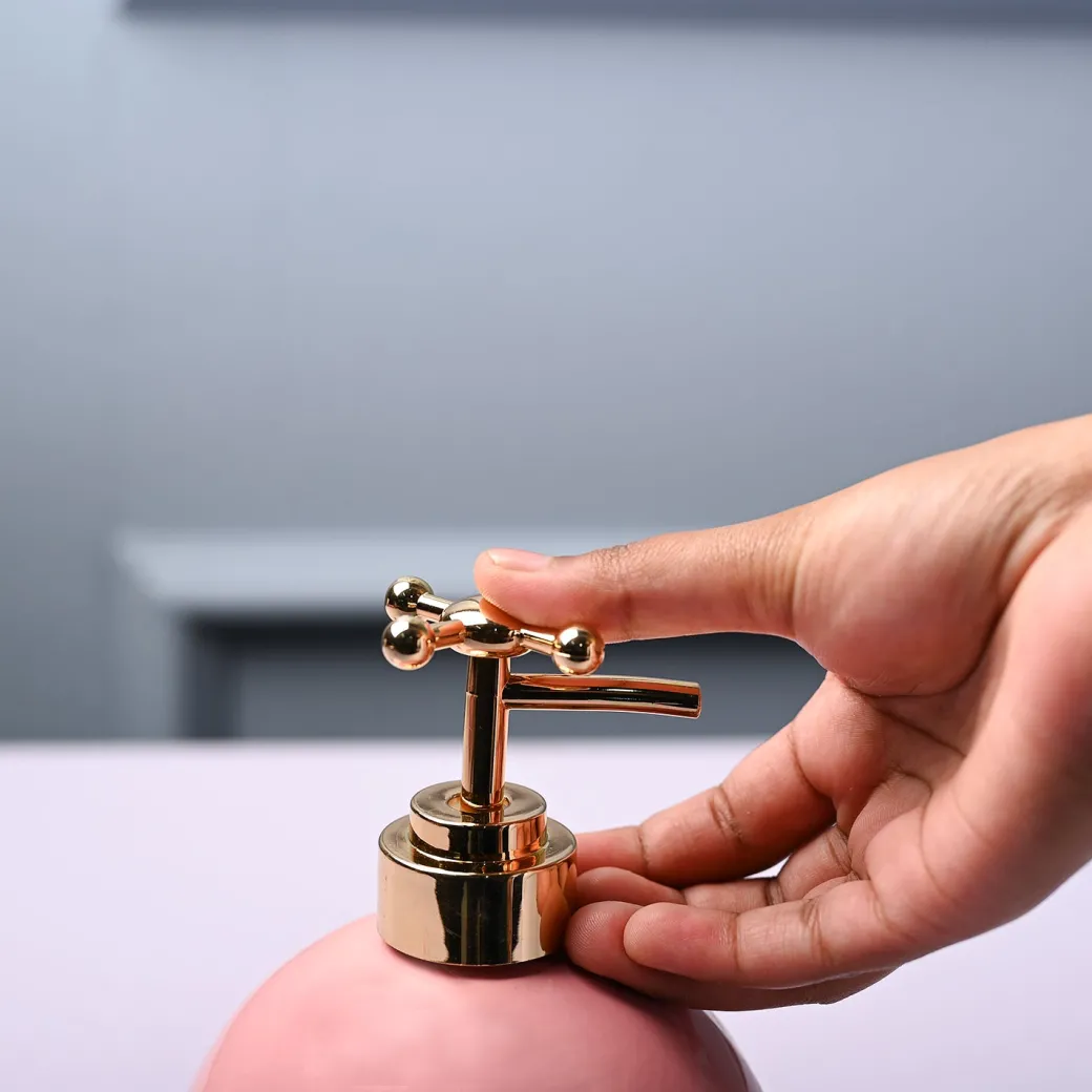 Ceramic Pink Round Soap Dispenser - Embossed Glossy Finish