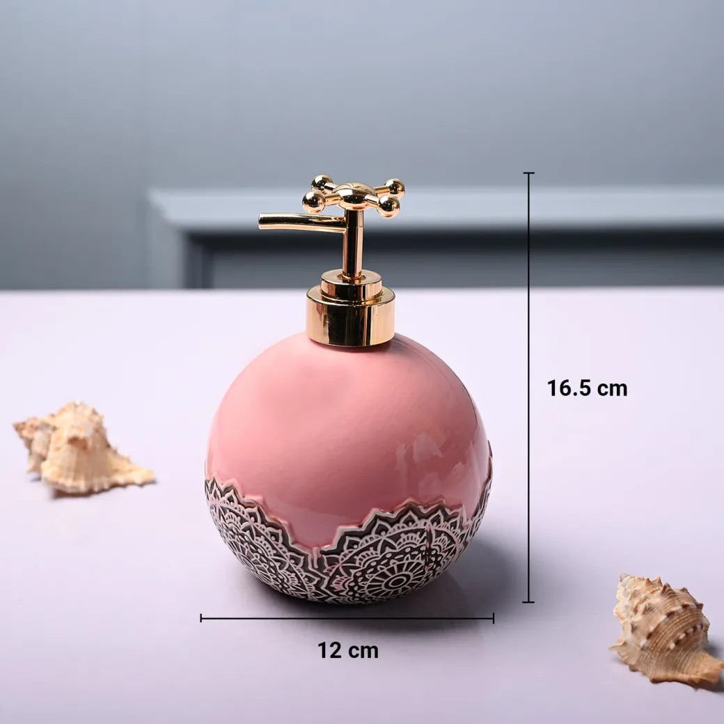 Ceramic Pink Round Soap Dispenser - Embossed Glossy Finish