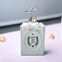 Ceramic Teal Green Rectangle Soap Dispenser - Happy Day Print Matte Finish