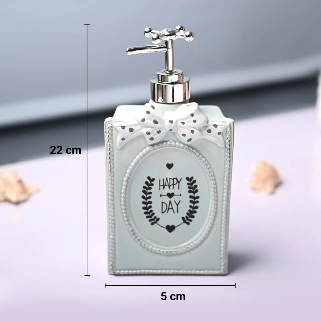 Ceramic Teal Green Rectangle Soap Dispenser - Happy Day Print Matte Finish