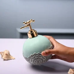 Ceramic Teal Green Round Soap Dispenser - Embossed Glossy Finish