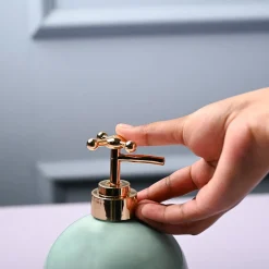 Ceramic Teal Green Round Soap Dispenser - Embossed Glossy Finish