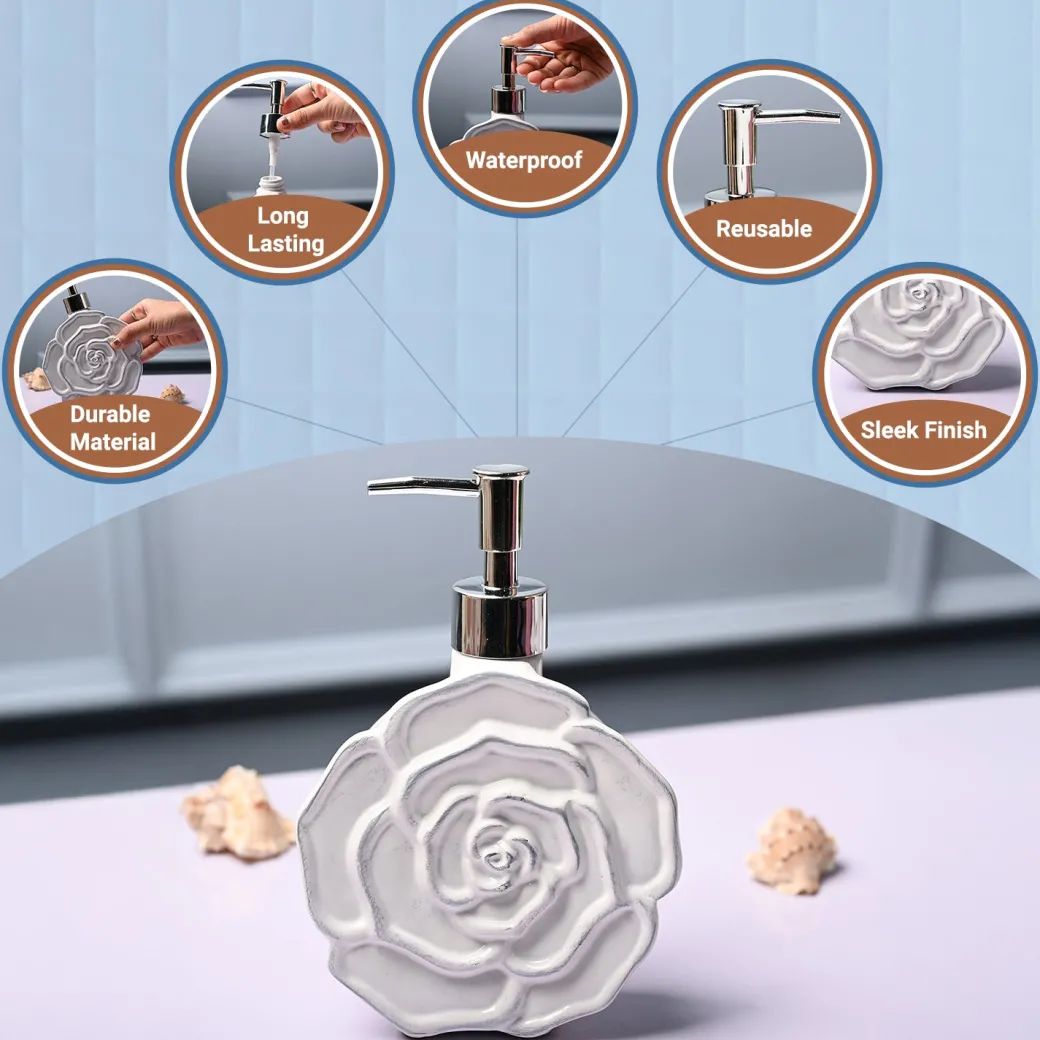 Ceramic White Rose Shaped Soap Dispenser - Flower Design Matte Finish