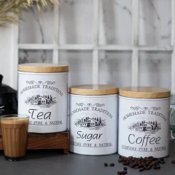 Coffee, Tea & Sugar - Metal Jar Set Of 3, Cylindrical & 1600Ml,