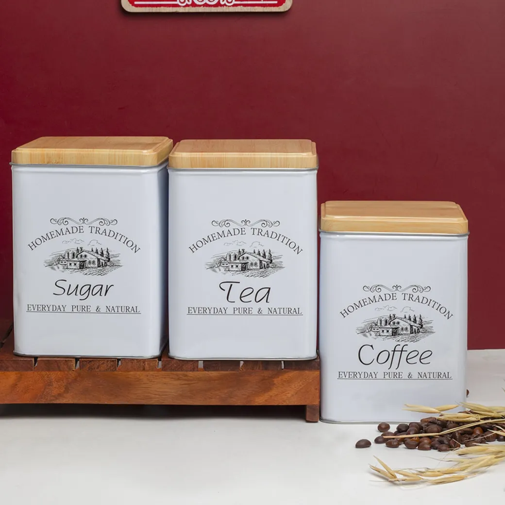 Coffee, Tea & Sugar - Metal Jar Set Of 3, Square & 1600Ml,