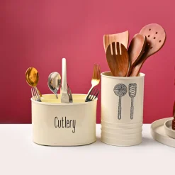 Cutlery & Ladle Holder Set – Plain White | Galvanised Iron, Glossy Finish