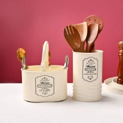 Cutlery & Ladle Holder Set – Ivory | Plain Design, Glossy Finish