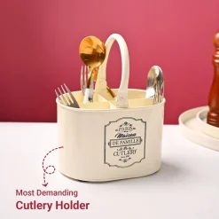 Cutlery & Ladle Holder Set – Ivory | Plain Design, Glossy Finish
