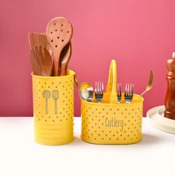 Cutlery & Ladle Holder Set – Yellow | Polka Dot Print, Glossy Finish
