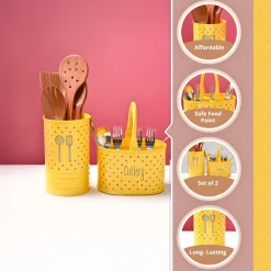 Cutlery & Ladle Holder Set – Yellow | Polka Dot Print, Glossy Finish