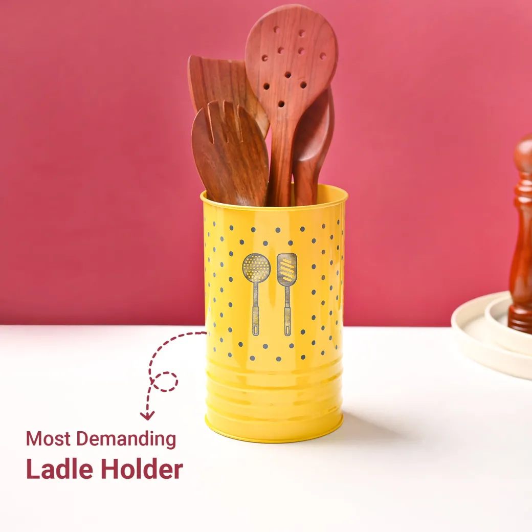 Cutlery & Ladle Holder Set – Yellow | Polka Dot Print, Glossy Finish