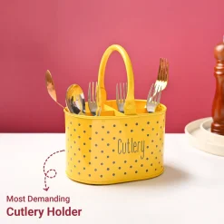 Cutlery & Ladle Holder Set – Yellow | Polka Dot Print, Glossy Finish