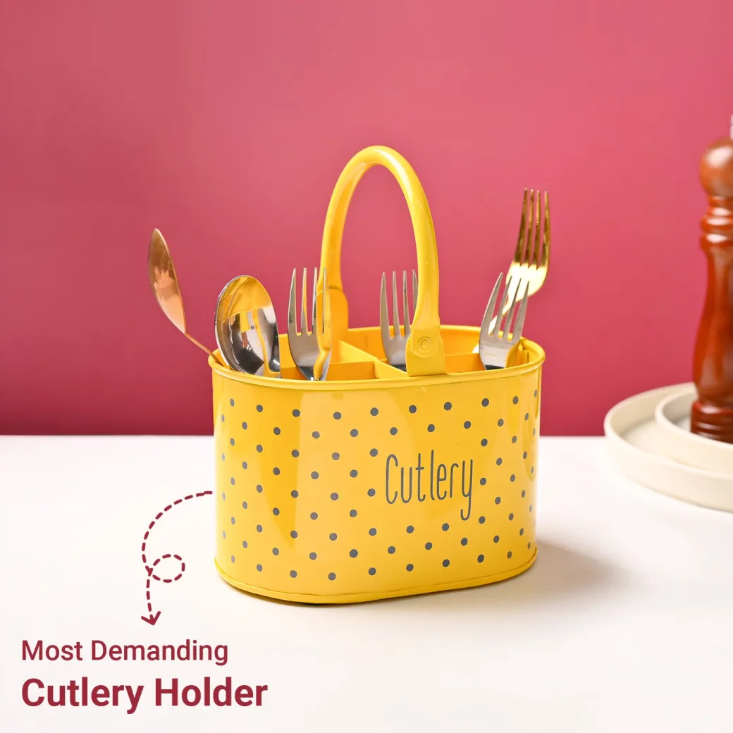 Cutlery & Ladle Holder Set – Yellow | Polka Dot Print, Glossy Finish
