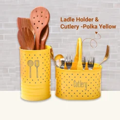 Cutlery & Ladle Holder Set – Yellow | Polka Dot Print, Glossy Finish