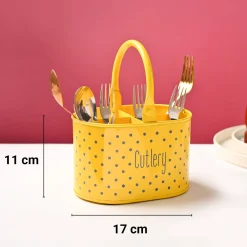 Cutlery & Ladle Holder Set – Yellow | Polka Dot Print, Glossy Finish
