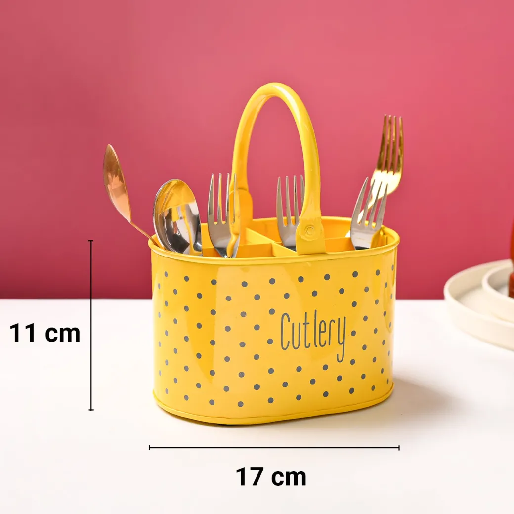 Cutlery & Ladle Holder Set – Yellow | Polka Dot Print, Glossy Finish