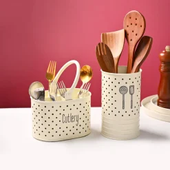 Cutlery & Ladle Holder Set – Ivory | Polka Dot Print, Glossy Finish