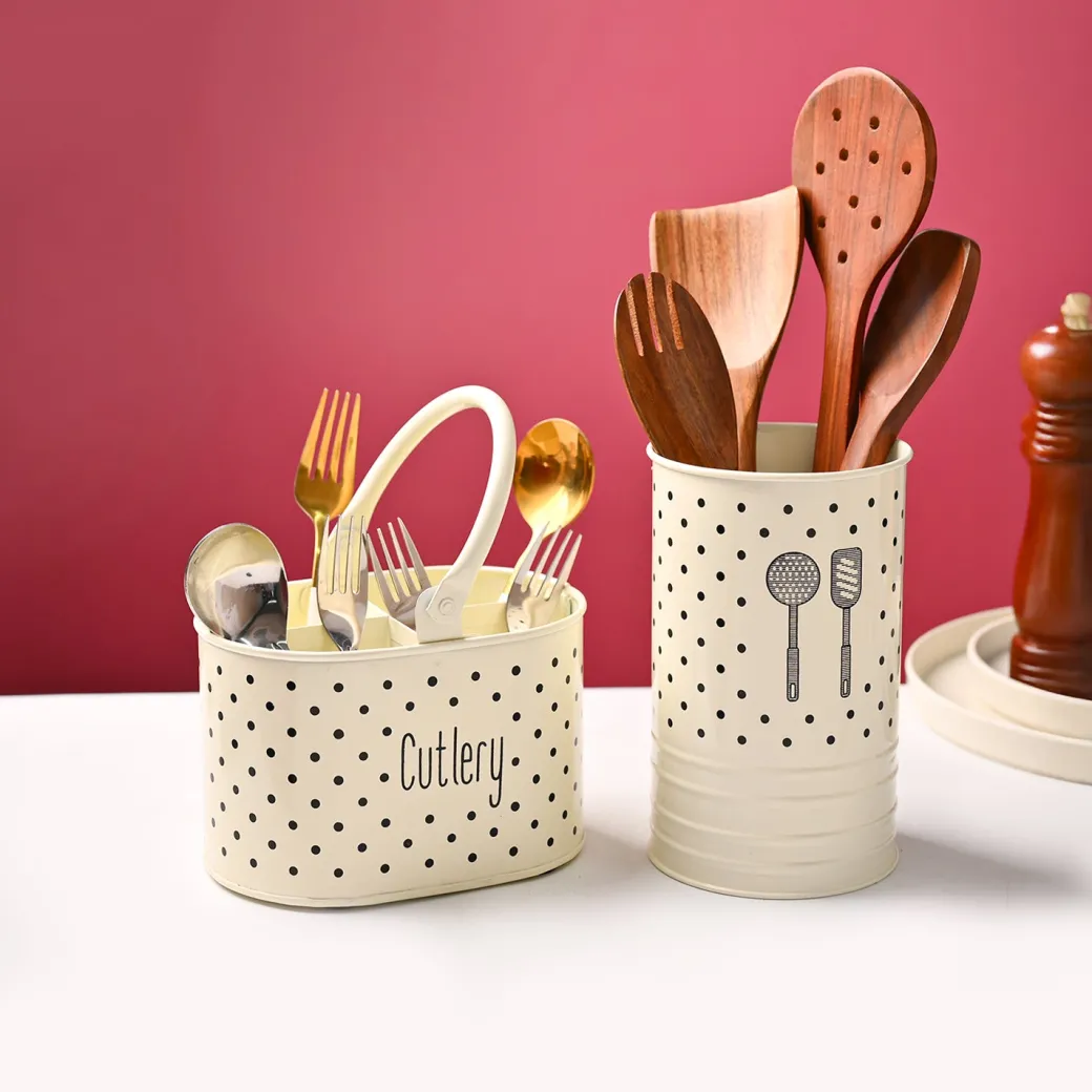 Cutlery & Ladle Holder Set – Ivory | Polka Dot Print, Glossy Finish