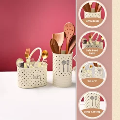 Cutlery & Ladle Holder Set – Ivory | Polka Dot Print, Glossy Finish
