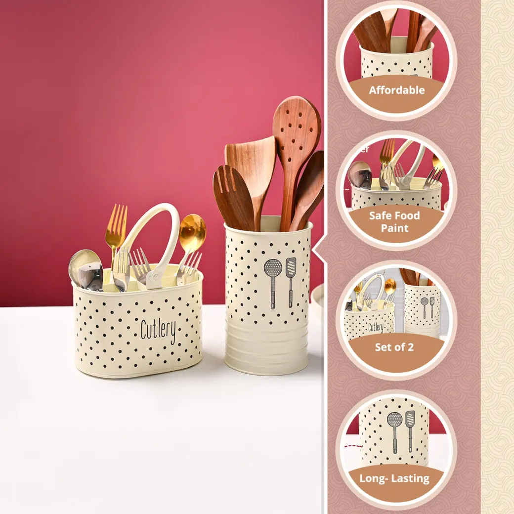 Cutlery & Ladle Holder Set – Ivory | Polka Dot Print, Glossy Finish