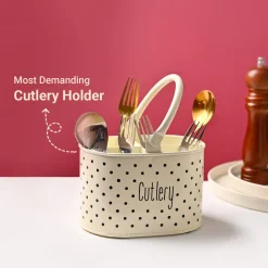 Cutlery & Ladle Holder Set – Ivory | Polka Dot Print, Glossy Finish