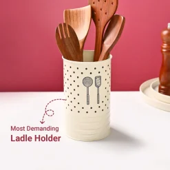 Cutlery & Ladle Holder Set – Ivory | Polka Dot Print, Glossy Finish