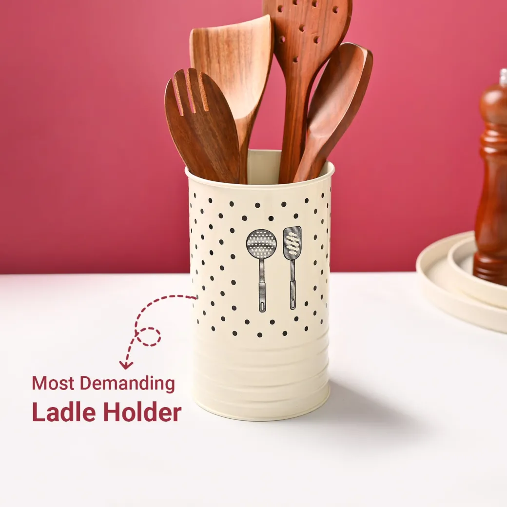 Cutlery & Ladle Holder Set – Ivory | Polka Dot Print, Glossy Finish