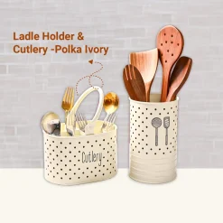 Cutlery & Ladle Holder Set – Ivory | Polka Dot Print, Glossy Finish