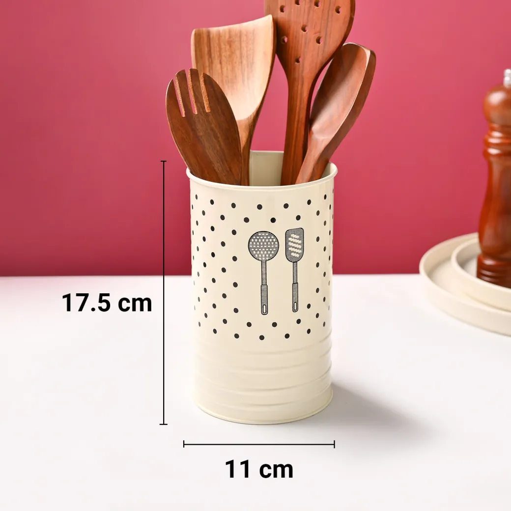 Cutlery & Ladle Holder Set – Ivory | Polka Dot Print, Glossy Finish