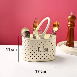 Cutlery & Ladle Holder Set – Ivory | Polka Dot Print, Glossy Finish