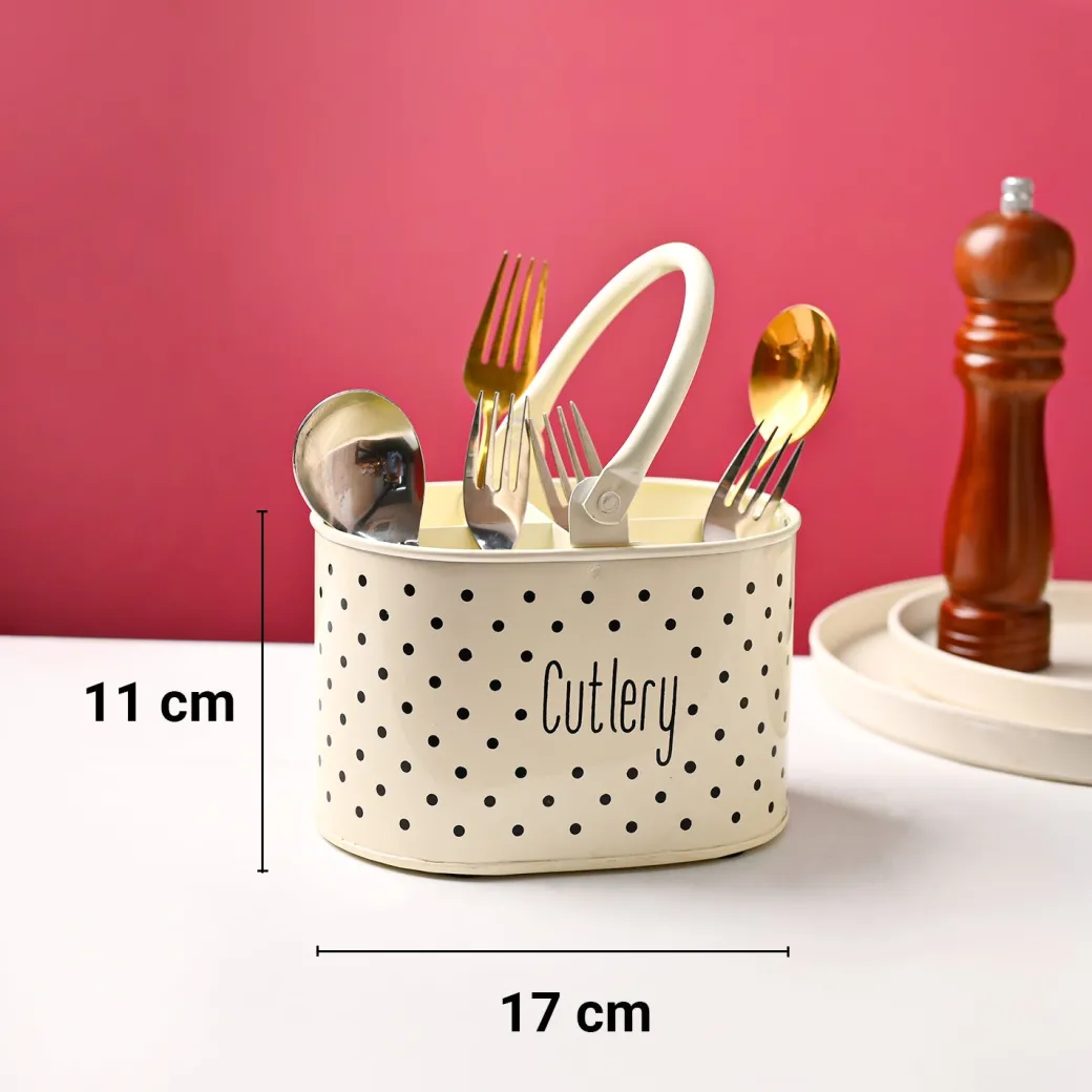 Cutlery & Ladle Holder Set – Ivory | Polka Dot Print, Glossy Finish