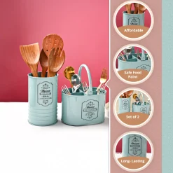 Cutlery & Ladle Holder Set – Green | Plain Design, Glossy Finish