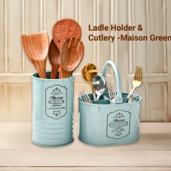 Cutlery & Ladle Holder Set – Green | Plain Design, Glossy Finish