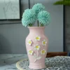 Dark Pink Ceramic Curvy Vase - Engraved Floral Pattern, Flower Holder