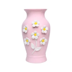 Dark Pink Ceramic Curvy Vase - Engraved Floral Pattern, Flower Holder
