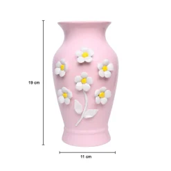 Dark Pink Ceramic Curvy Vase - Engraved Floral Pattern, Flower Holder