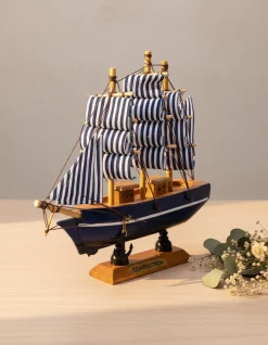 Decorative Boat, Handcrafted Wood, For Home & Office Décor, Antique Finish, Blue, Wood