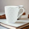Diamond Textured Ceramic Coffee Mug With Golden Ring Corner (Cream White, 330 mL)