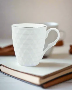 Diamond Textured Ceramic Coffee Mug With Golden Ring Corner (Cream White, 330 mL)
