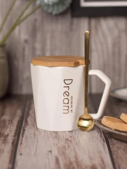DREAMING MY Dream' Coffee Mug With Wooden Lid - White, 320 Ml