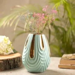 Emrald Ceramic Vase - Ribbed Design, Flower Holder