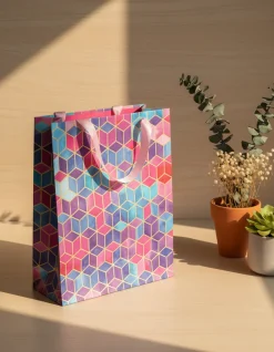 Gift Bag, 3D Tile Print, Small, Paper Bag, Multicolor, Paper, Set of 3