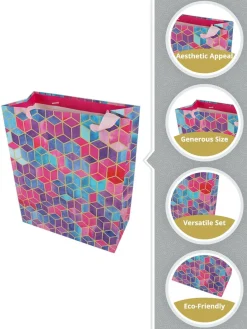 Gift Bag, 3D Tile Print, Small, Paper Bag, Multicolor, Paper, Set of 3