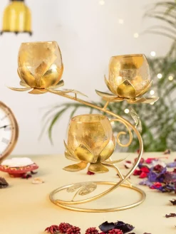 Gold 3In1 Glass Flower Tea Light Candle Holder