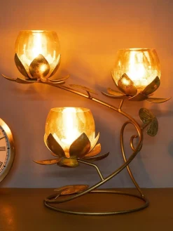 Gold 3In1 Glass Flower Tea Light Candle Holder