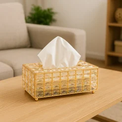 Golden Crystal Glass Tissue Box - Rectangle Shape