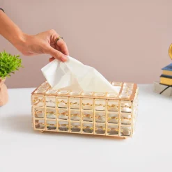 Golden Crystal Glass Tissue Box - Rectangle Shape