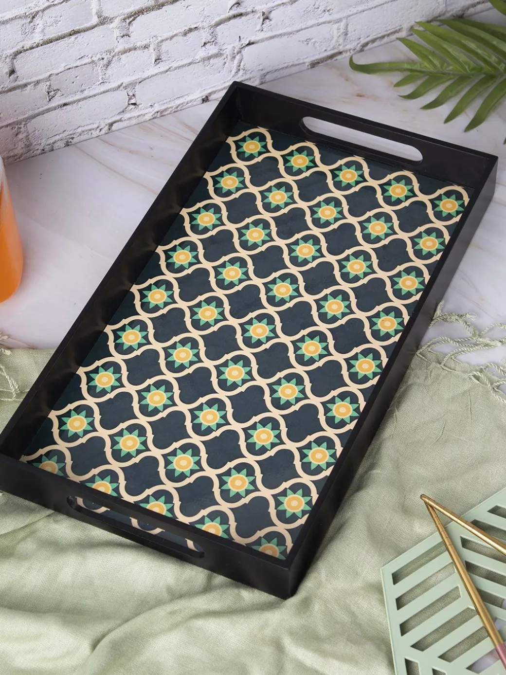 Green & Black Rectangular Tray with handle - Market99