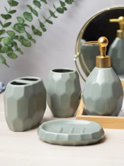 Green Ceramic Bathroom Set Of 4 - Stone Finish, Bath Accessories
