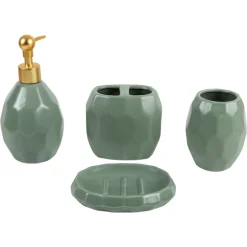 Green Ceramic Bathroom Set Of 4 - Stone Finish, Bath Accessories